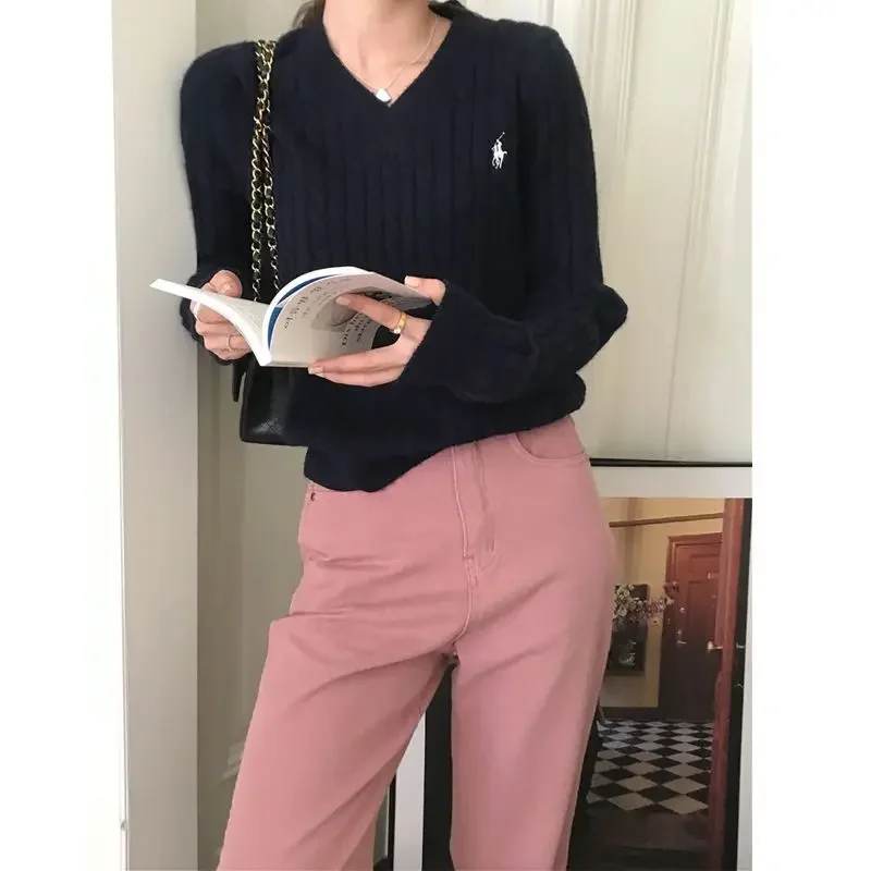 أنيقة خمر طويلة الأكمام البلوز سترة المرأة الكورية نمط التطريز محبوك أعلى لينة مرنة الخامس الرقبة كابل متماسكة