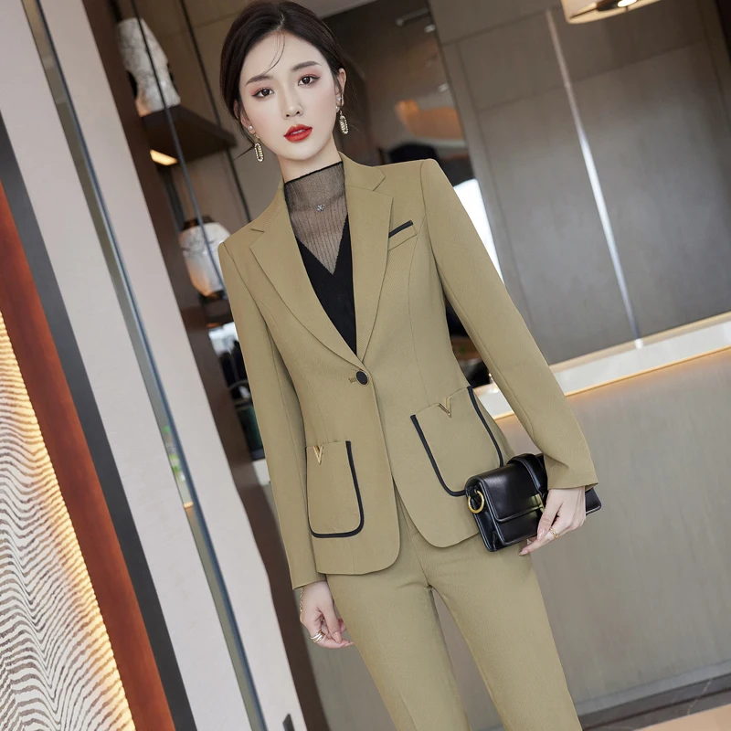 Women's Retro Color Contrasting Edging Blazer Straight Leg Pants Set Commuting Solid Single Breasted Suit Pants Two-piece Set