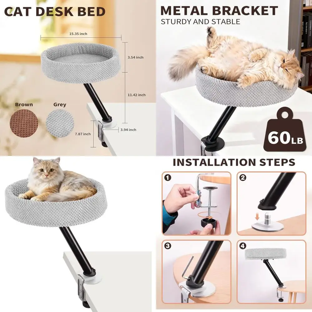 

Вращающаяся настольная кровать для кошек емкостью 60 фунтов, мягкий гамак для домашних кошек (серый)