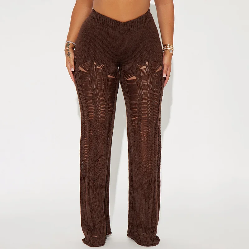 2025 automne hiver solide tricot creux pure pantalons décontractés femmes élastique taille haute mince épicé filles rue jambe droite pantalon