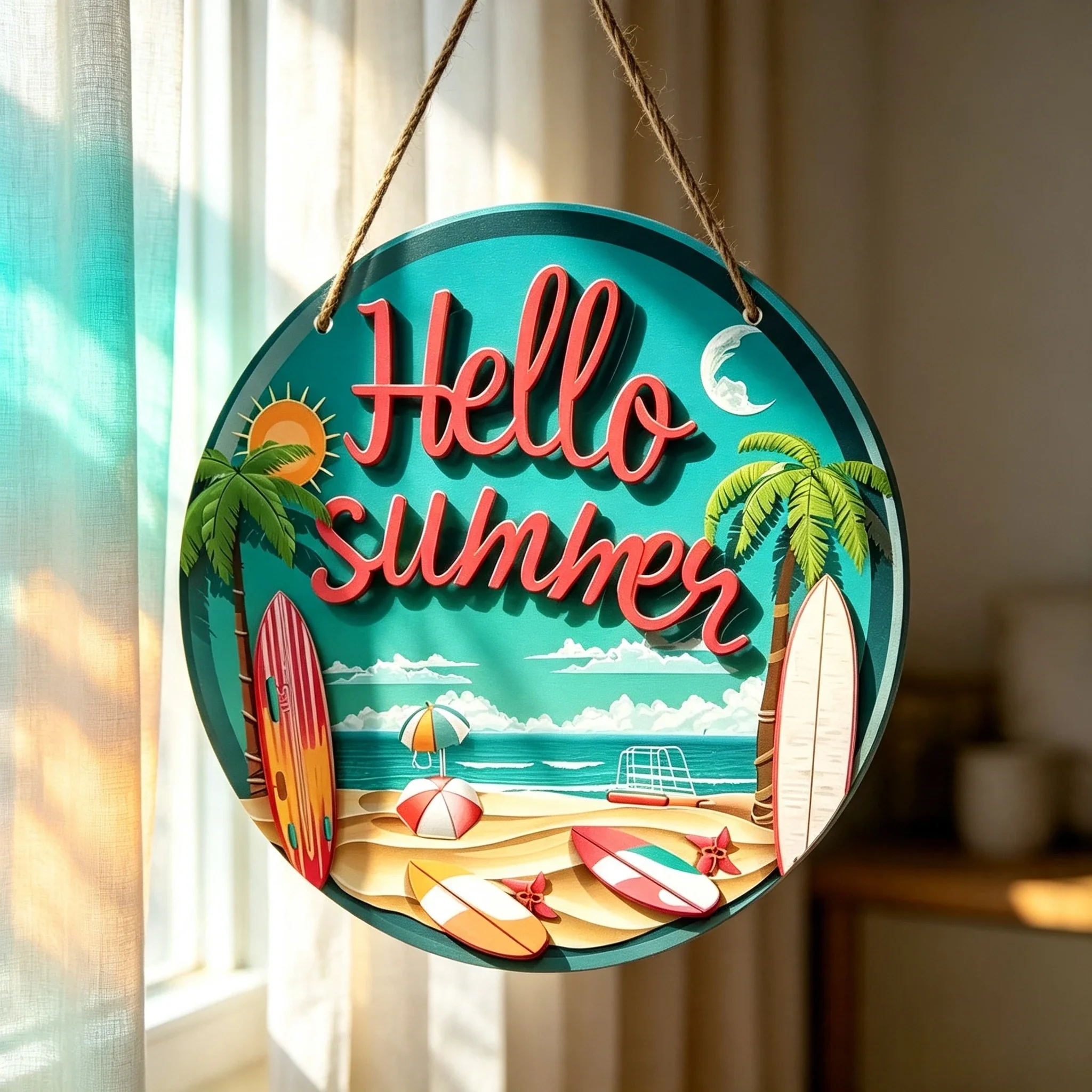 Round Wooden Summer Beach Sign, Hello Summer Beach Surfboard Palm Tree Round Acrylic Hanging Sign