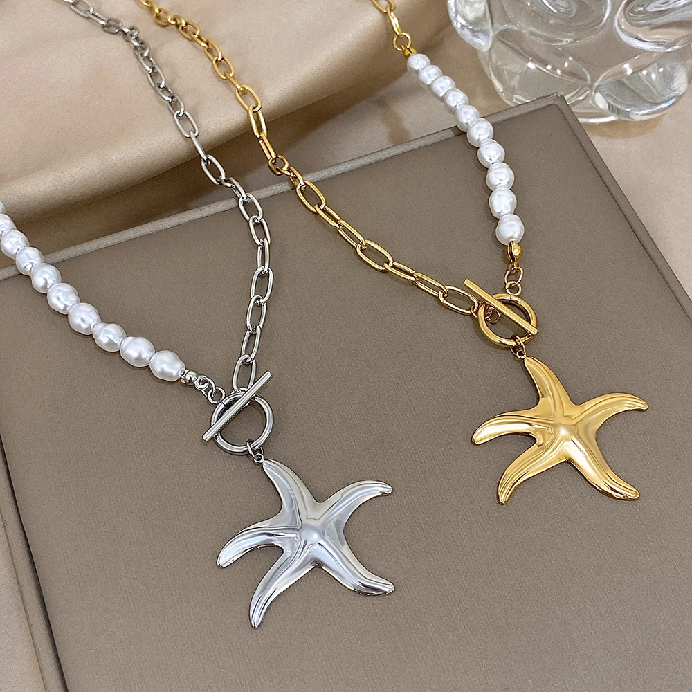 

Bohemia Stainless Steel Big Starfish Pendant Necklace for Women Elegant Irregular Imitation Pearl Choker Jewelry on Neck Gift