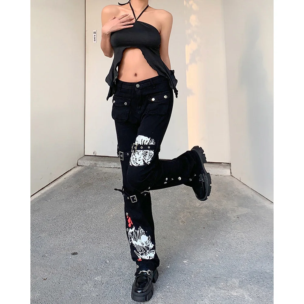 Women\'s dark street style fashionable metal buckle contrasting print high waisted workwear jeans Wide leg pants with split ends