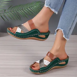 Women Wedges Slippers 2024 Summer New Orthopedic Open Toe Sandals Vintage Leather Casual Female Platform Slippers Slides Women