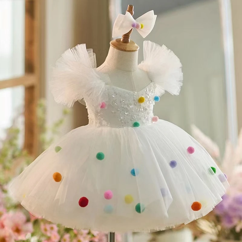 Elegant White Flower Girl Dresses with Hairband for Baby Kids Wedding Birthday Colorful Ball Decoration Communion Party Pageant