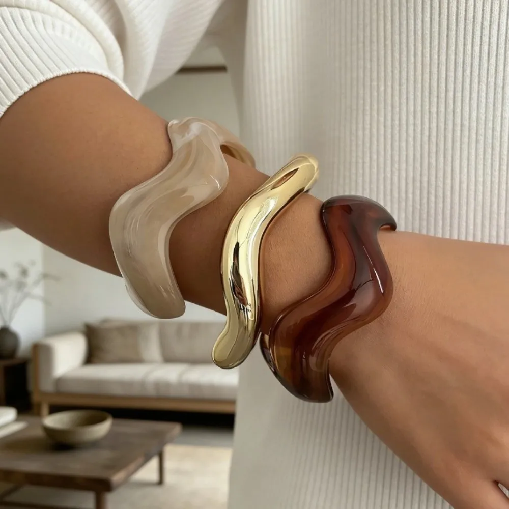 3Pcs/ Set Resin Wide Open Bangle Gold Irregular Wavy Cuff Bangles Acrylic Jewelry Accessories Exaggerated Bracelets Women