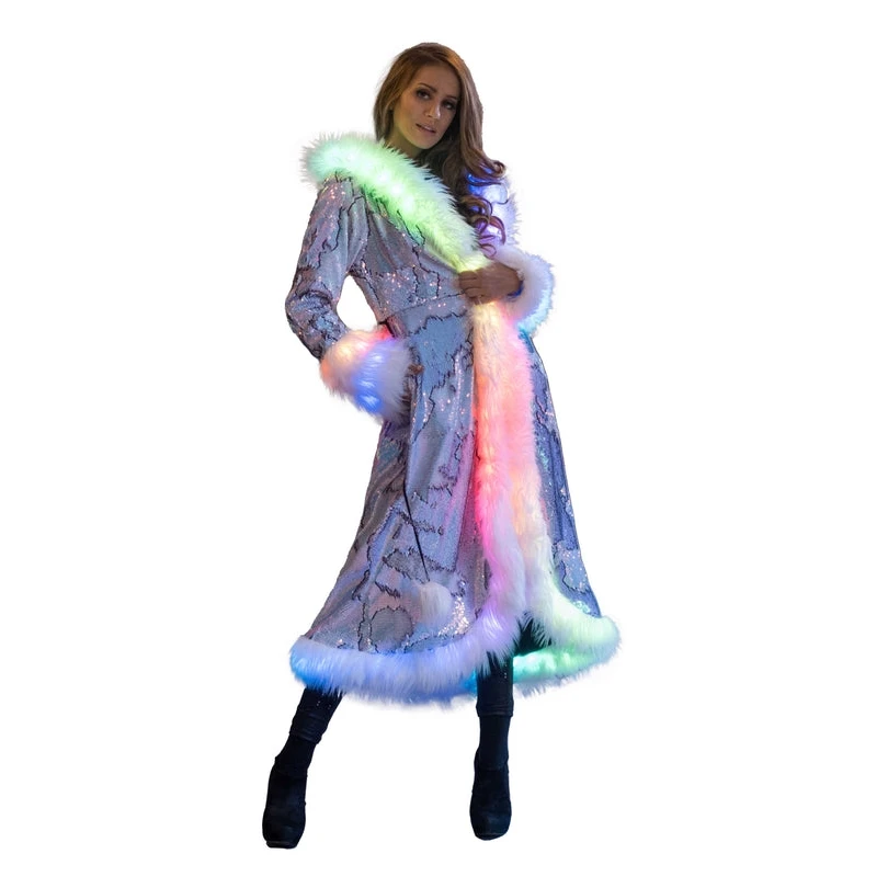 Women\'s Silver White Sequin Faux Fur Patchwork Coat Personalized LED Nightclub Long Coat Jacket Stage Party Costumes