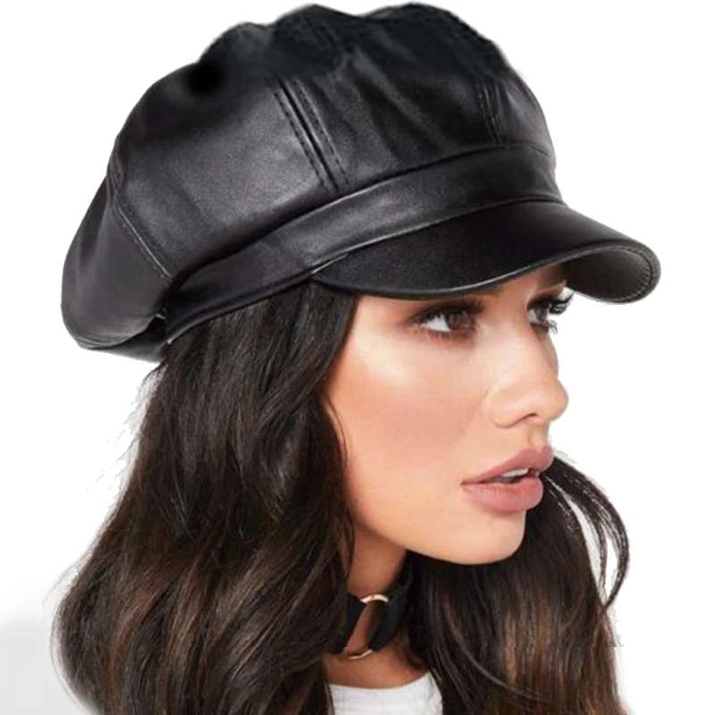 Women Men PU Leather Berets Hat Retro British Solid Beret Baseball Cap Outdoor Sun Hat Winter Warm Octagonal Hats Caps