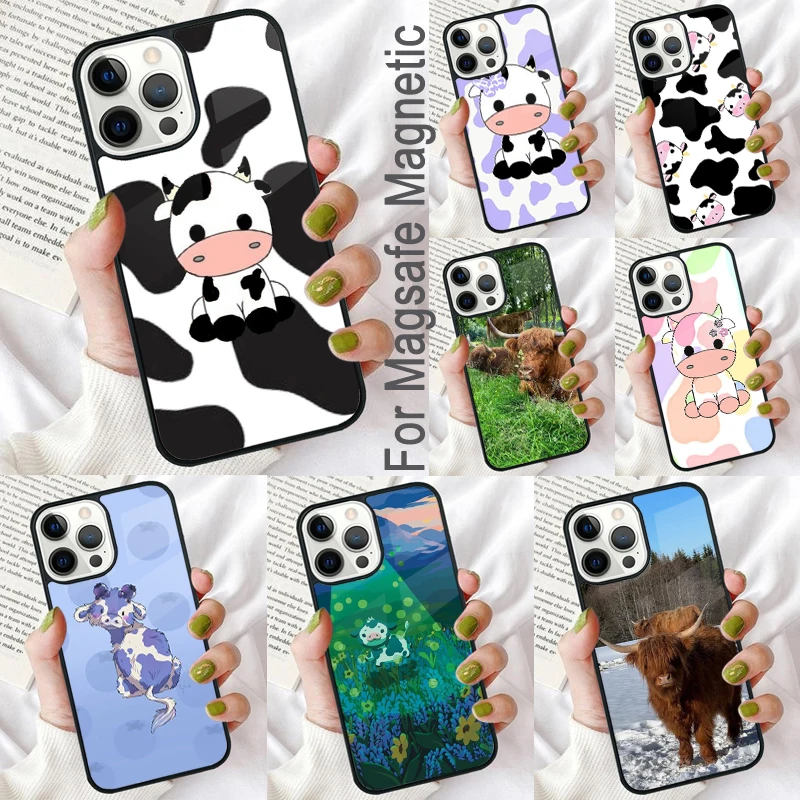 

Cute Cartoon Cow Magnetic Soft Phone Case for iPhone 16 Promax 15 Pro 13 14 Plus 11 12 Mini MagSafe Coque