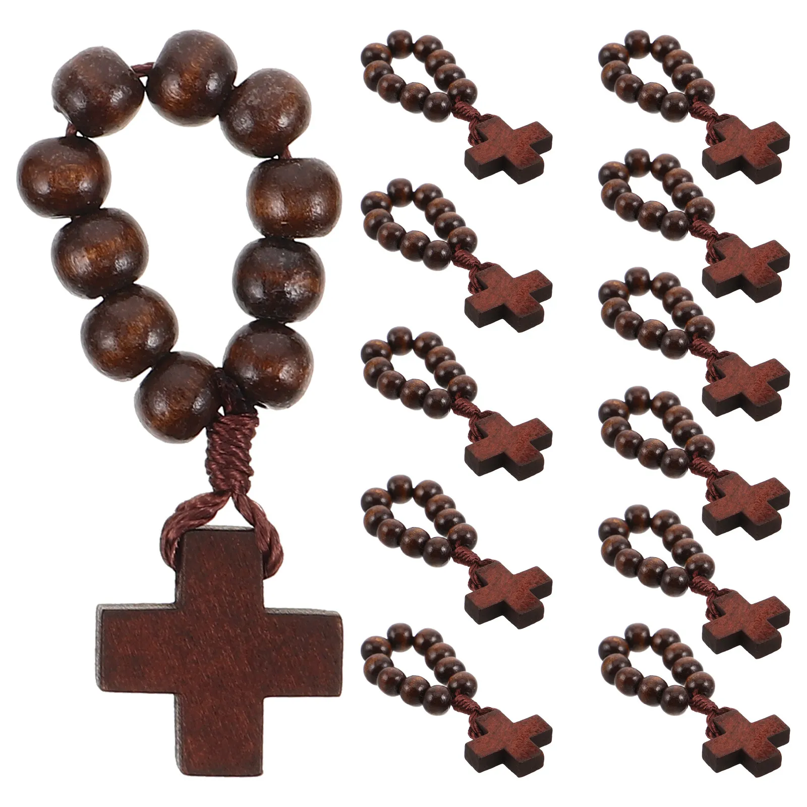 12Pcs Wood Finger Rosary Pocket Cross Ring Smooth Finish Mini Prayer Ring Baptism First Communion Favors Catholic Travel Lent