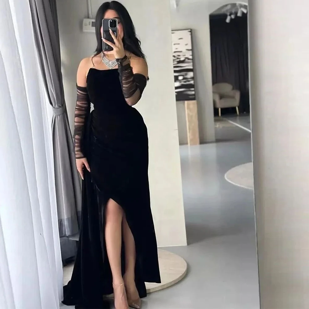 

Off the Shoulder Detachable Sleeve Jersey 3/4 Sleeves Evening Dress Sexy Floor Length Sweep Train Pleats Saudi Arabia Straight