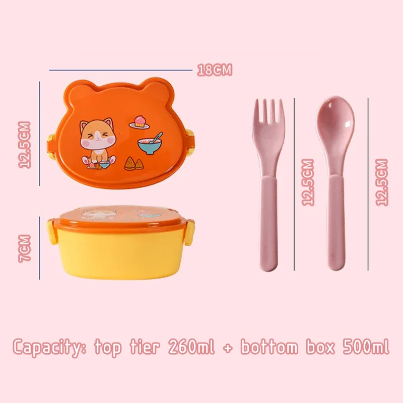 Cute Cat Shaped Lunch Box Double Layer Food Container with Fork and Spoon Microwave Children Bento Box