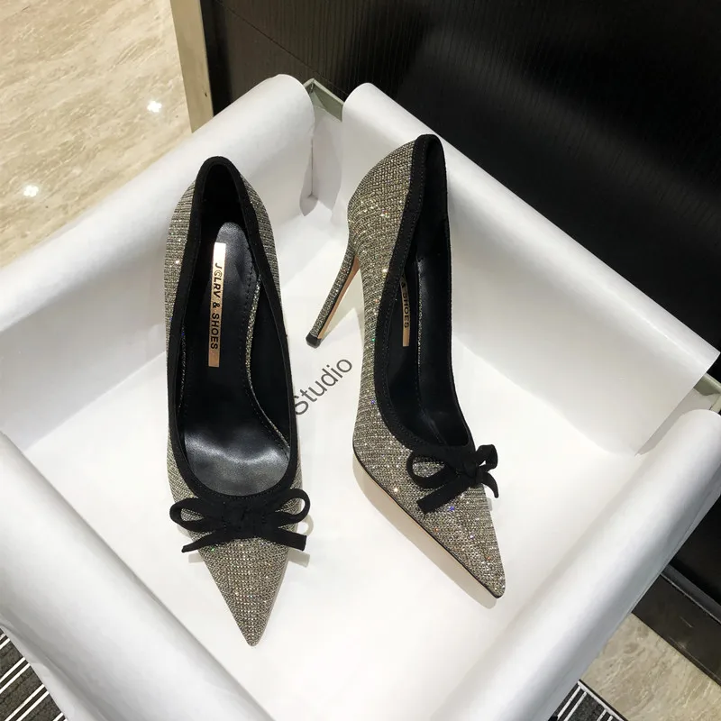 2025 new crystal slim heel high heels for women, pointed French socialite temperament butterfly bow single shoes, shallow mouth