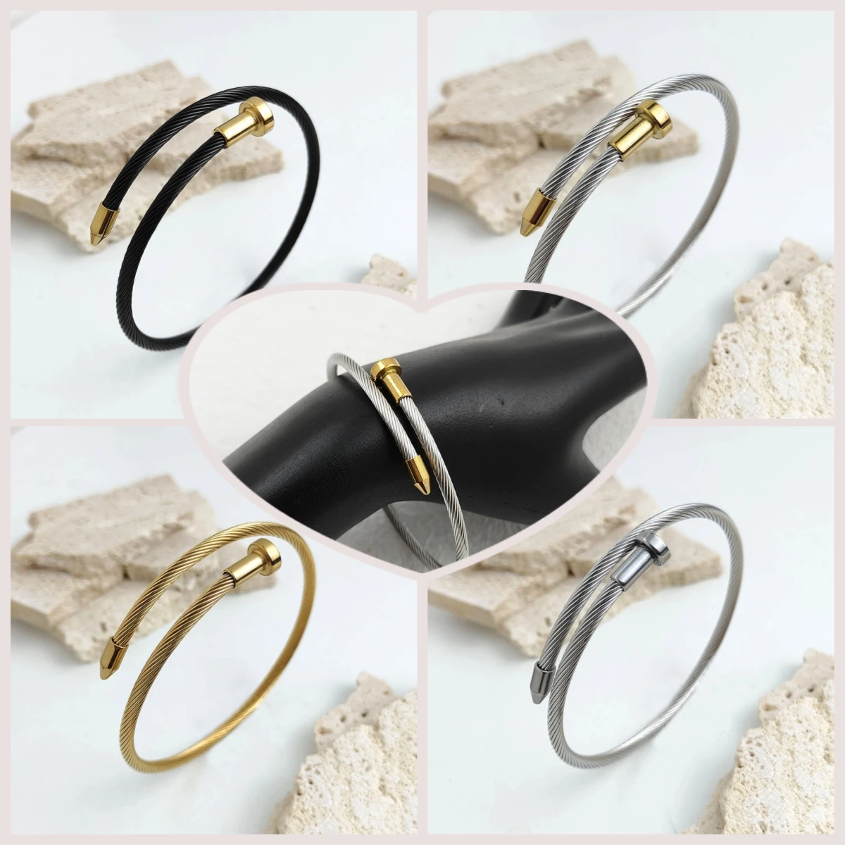 

Charm wire button nail stainless steel gold plated 18K bracelet, high quality waterproof silver jewelry, gift for wife