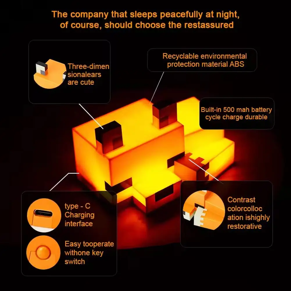 1/2 قطعة MC لعبة لطيف الثعلب ضوء الليل لينة البرتقال توهج لمبة مكتب جو المنزل مضيئة الجدول مصباح لغرف اللعب أو الأطفال