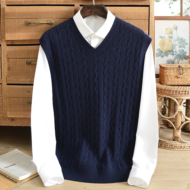 

Autumn and winter cashmere vest men's V-neck sleeveless sweater warm middle-aged vest casual all-match sweater twisted vest