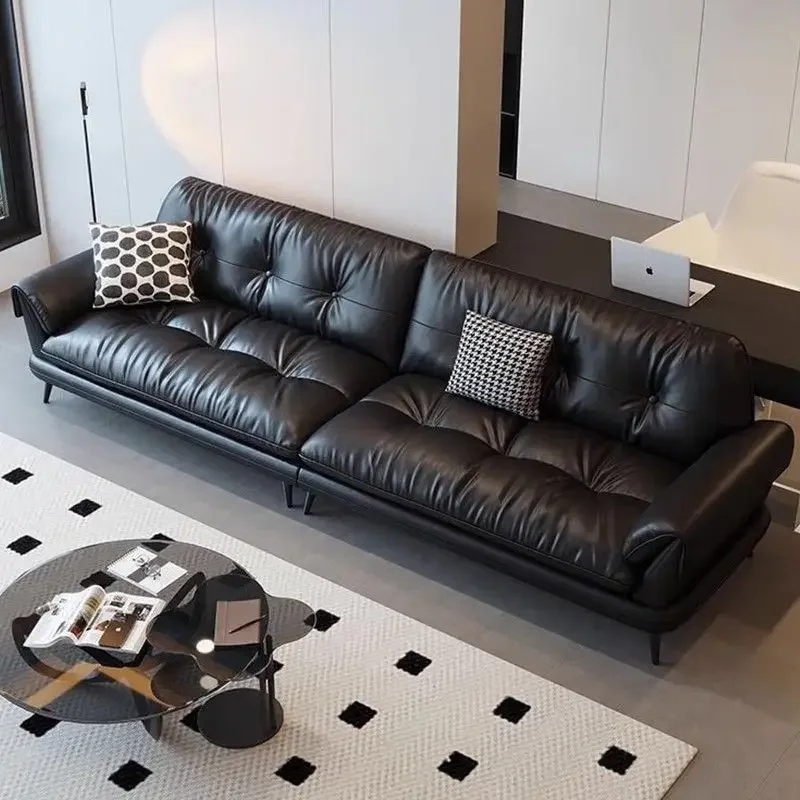 Italian minimalist leather sofa French retro style living room small apartment straight row sofa