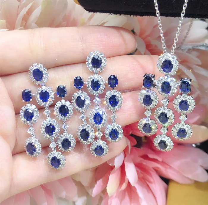 

Luxury Blue Zircon Long Tassel Dangle Earrings Royal Simulated Sapphire Pendant Necklaces Wedding Jewelry Sets For Women