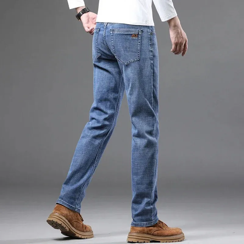 Spring Fashion Men's Light Blue Slim Jeans Stylish Business Casual Stretch Fabric Denim Pants Classic All Match Trousers