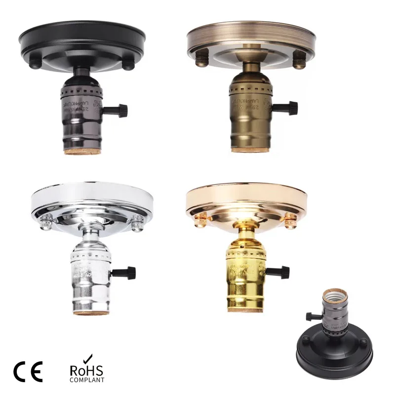 Edison teto parafuso luz base da lâmpada, bulbo soquete titular com interruptor, galvanoplastia, alumínio, vintage, retro, antigo, E26, E27