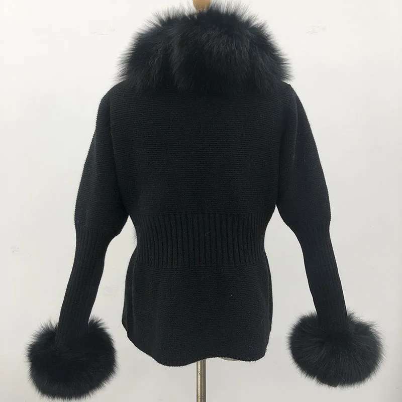 Women Faux Fur Trim Cardigan Women 2024 Warm Wool Knitwear With Faux Fox Fur Fashion Luxury Elegant Ladies Sweater Coat