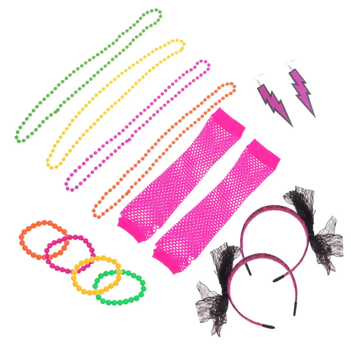 Accessoires de déguisement de fête des années 80, 4 couleurs, collier, Bracelet, boucles d'oreilles, gants en résille, bandeaux en dentelle, Costumes Disco pour filles