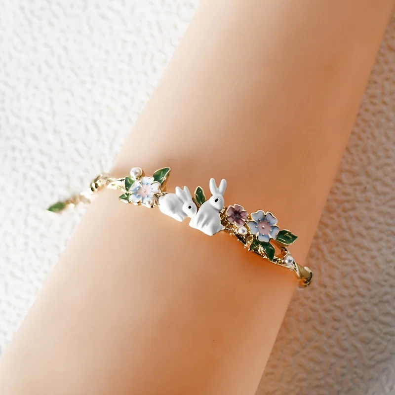 Linda pulsera de flores de conejito, pulsera de animales del zodiaco de perlas, linda, kawaii, regalo de Pascua