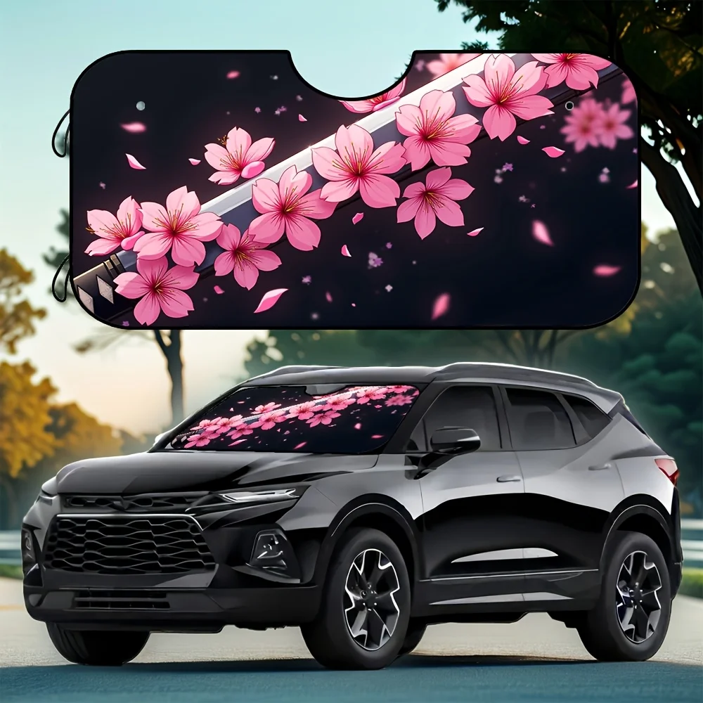 

1pc Cherry Blossoms & Sword Print Sun Shade For SUVs And Trucks - Durable Polyester Windshield Protector With 4 Suction Cups, Un