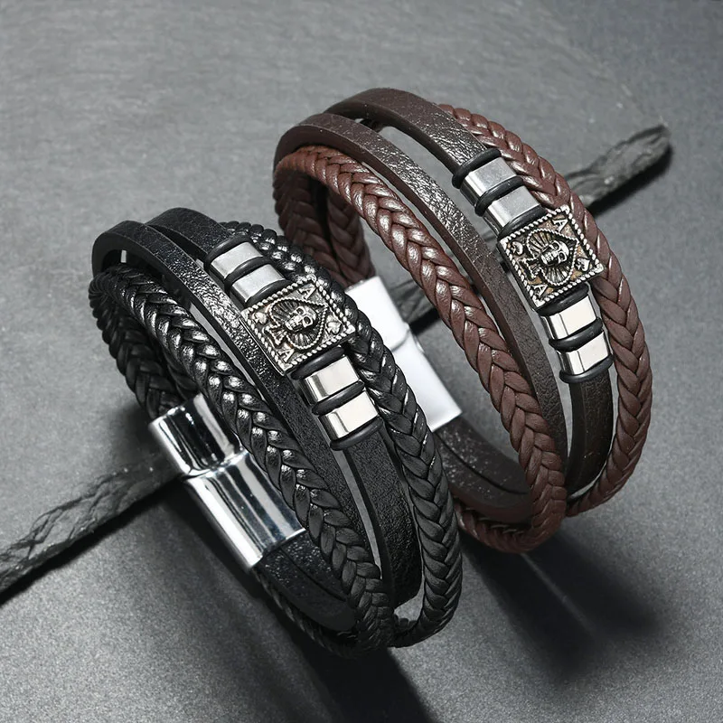 New Design Men's Punk Bracelet Multi-Layer Braided Leather Bangle Skull Ace of Spades Alloy Decor Vintage Gothic Hand Jewelry