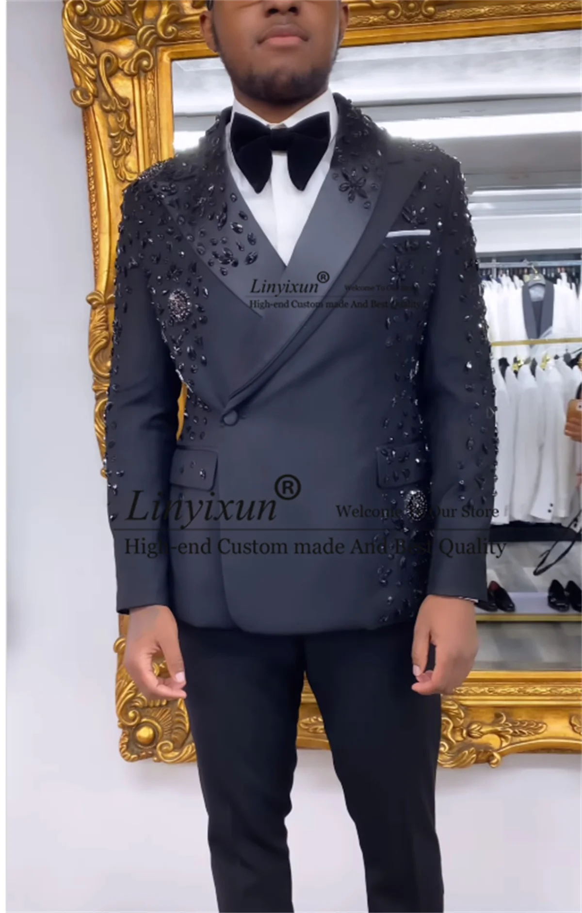 Double Breasted Men Suits Luxury Beaded Crystals Wedding Groom Tuxedos 2 Pieces Sets Male Prom Blazers Slim Fit Costume Homme