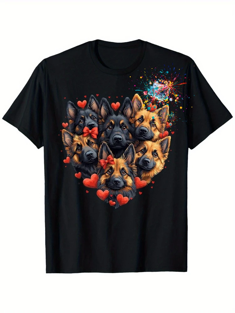 

Cute German Shepherd Dog Valentines Day Love Heart design-100% cotton summer O-neck short sleeve printed men's T-shirt.