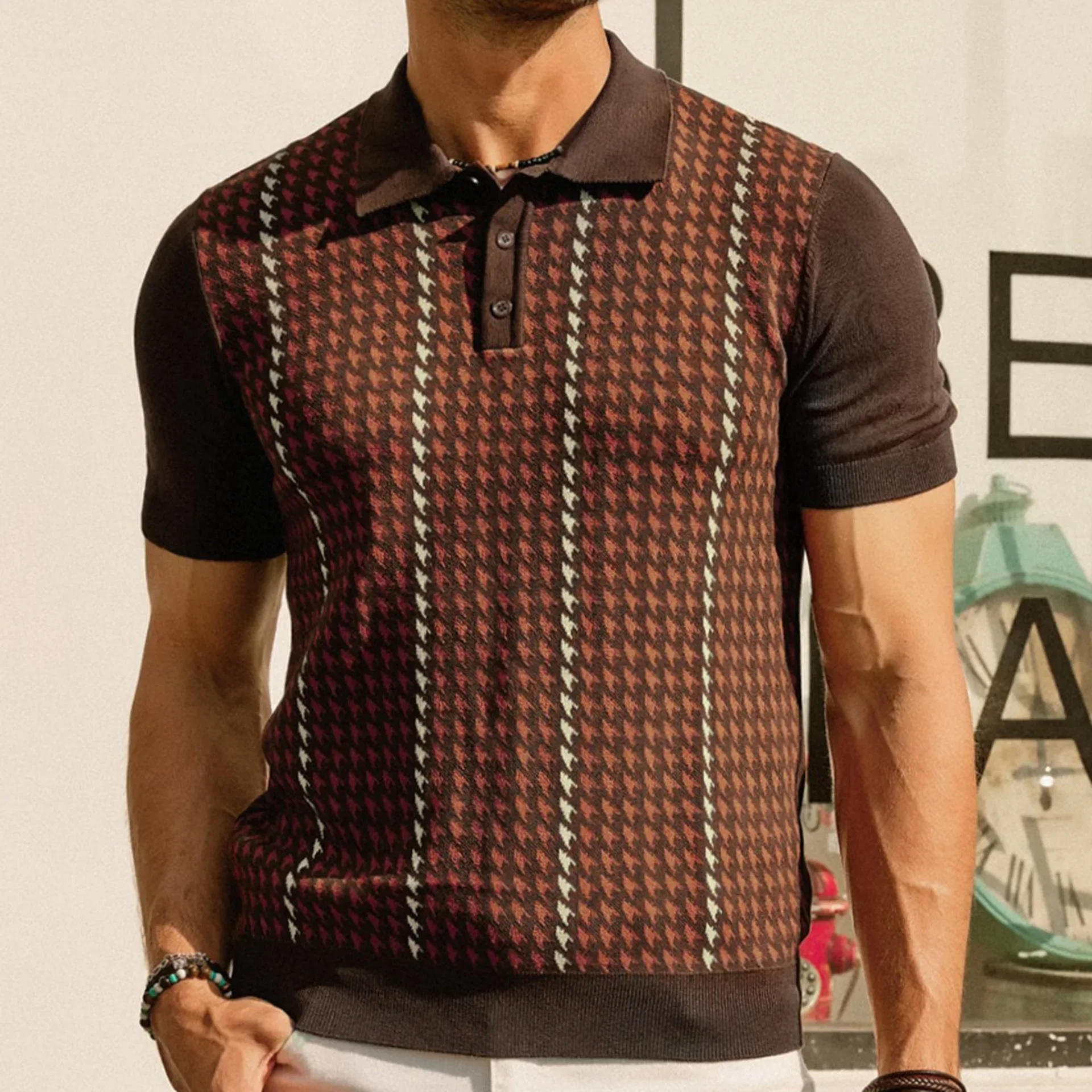 Men's Europe and The United States Summer High-end Ice Silk Knitwear Thousand Bird Lattice Leisure Jacquard Business Polo Shirt