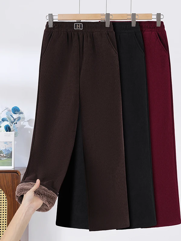 

Утепленные длинные бархатные брюки прямого кроя с высокой талией для женщин среднего и старшего возраста, осенне-зимняя одежда, эластичный пояс, хлопок