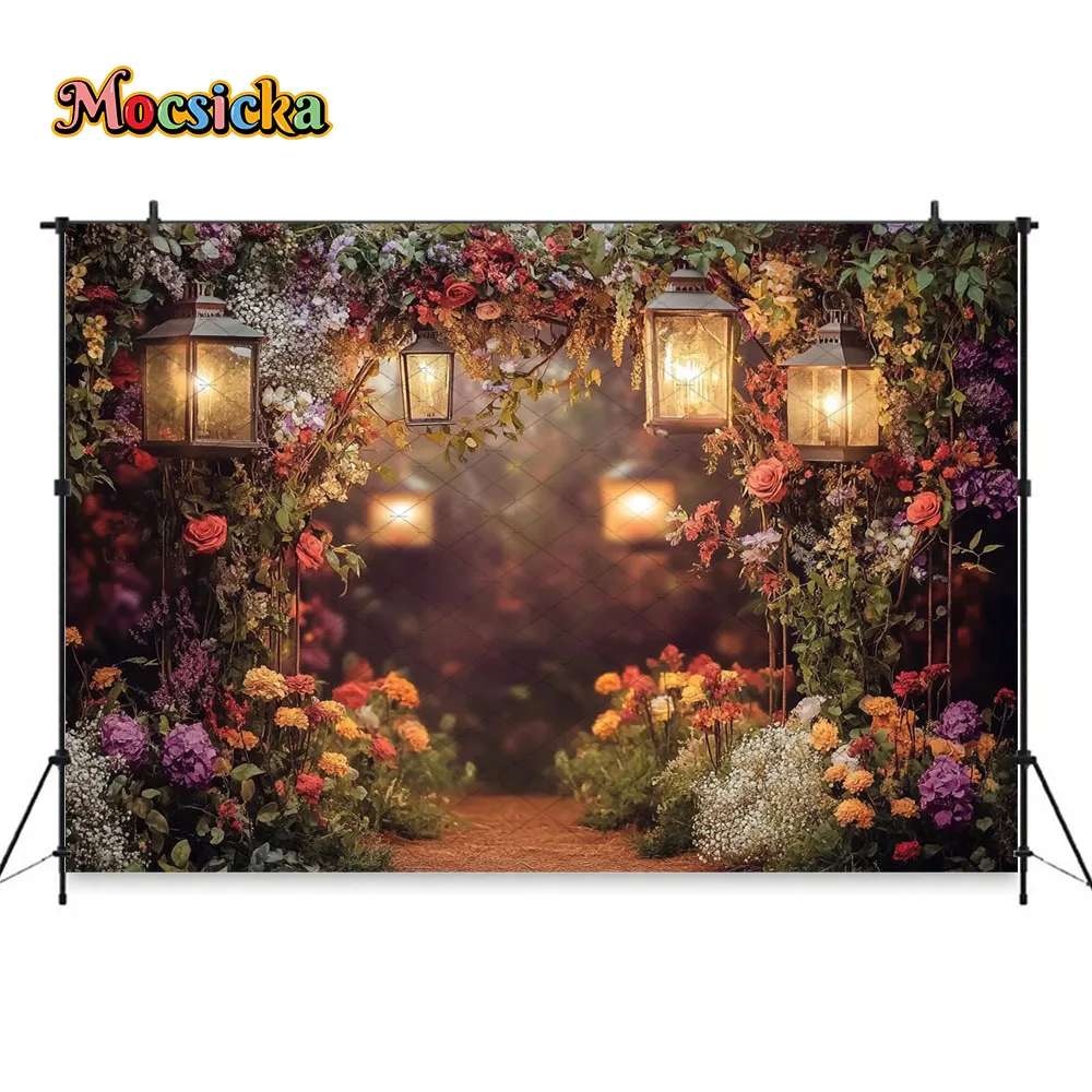 Mocsicka الملونة الأزهار الكرمة خلفية التصوير قوس فانوس الدافئة مضاءة رومانسية خلفية زوجين الزفاف صورة استوديو الدعامة #2