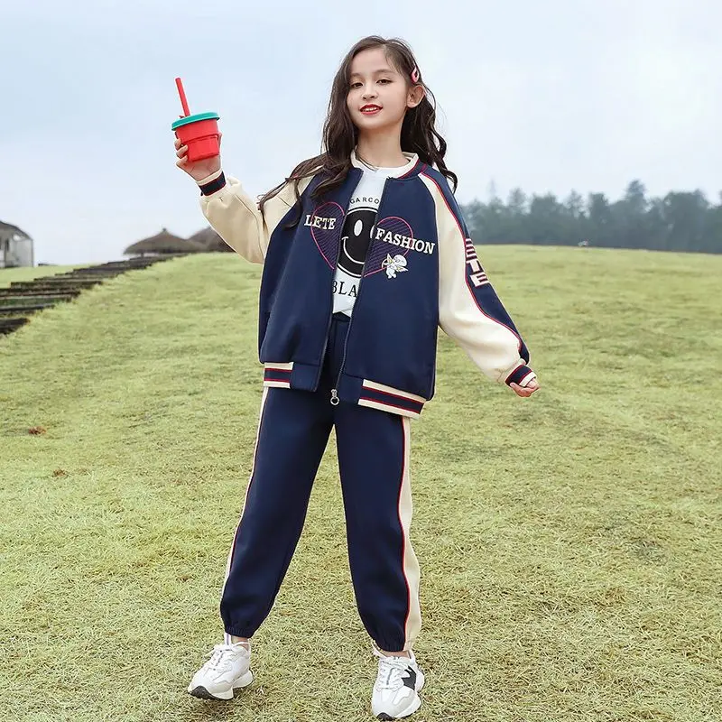 

Girls' Sets Baseball Coat Cartoon Letter Print Loose Striped Cuffed Pants Two Pieces Zipper O-Neck Causal Spring Autumn 5-14 Yrs