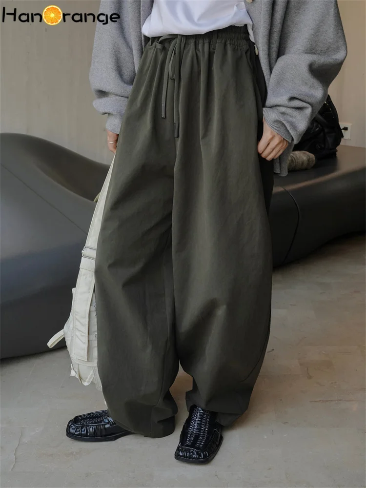 

HanOrange 2024 Spring Fashion Simple Silhouette Elastic Wide Leg Pants Women Loose Casual Trousers Female White/Dark Green