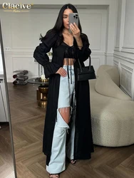 Clacive Fashion Loose Black Linen Women's Dress Sexy Square Collar Long Sleeve Ankle Length Dresses Elegant Lace-Up Female Dress