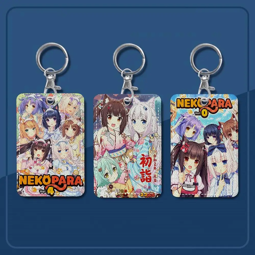 1PC Nekopara Anime Rectangle ID Card Case Keychain Access Card Bag Key Tag Ring Leather Card Holder Key Ring Access