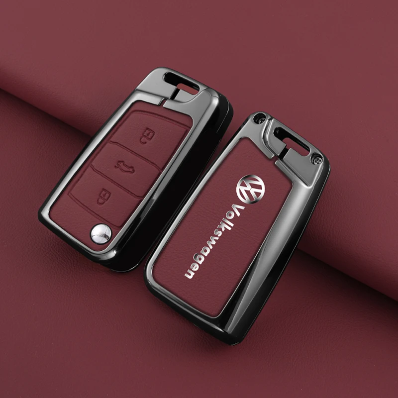 Leather Car Remote Key Case Fob Cover Protector Holder Shell For VW Volkswagen Golf 7 MK7 Tiguan MK2 T-roc T-cross Accessories