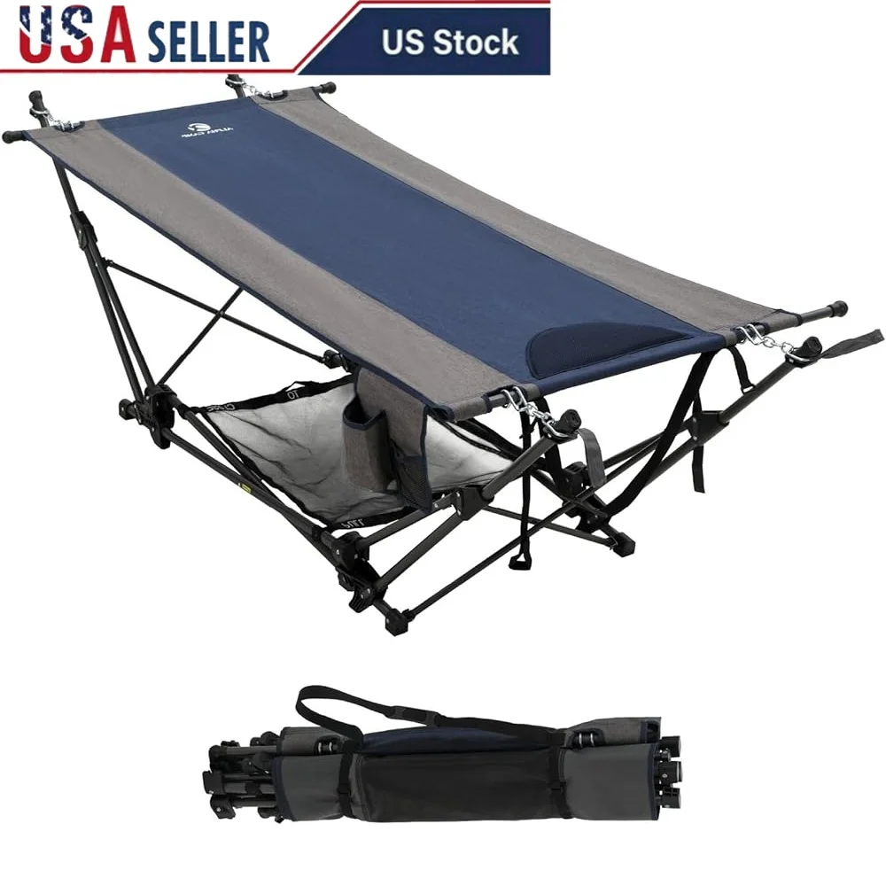 

Portable Folding Hammock Bed with Stand Pillow Cup Holder Pocket Outdoor Camping Patio Garden Beach Poolside Relaxation