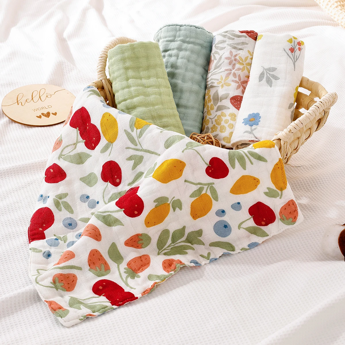 Elinfant 5PCS Bamboo Muslin Washcloths Face Towel Burp Cloth Soft Muslin Bibs Towel Set Wash Cloth Wipes