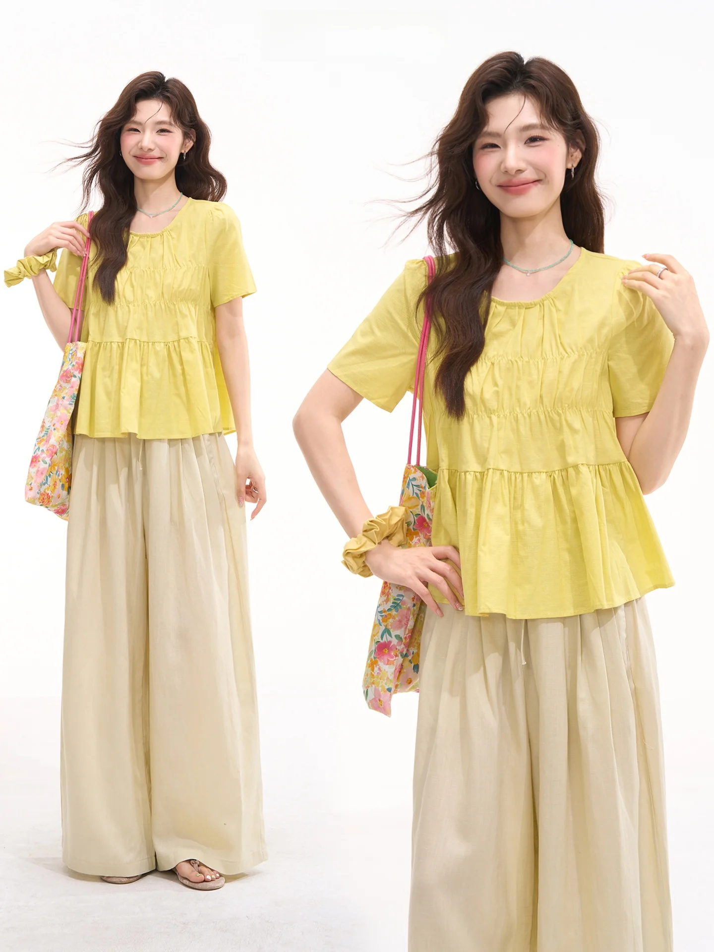

Korean Style Pleated Short Sleeve Doll Shirt Women's Summer Top Bay Afterglow Heme Window Floral Field Sweet Style Loose Fit