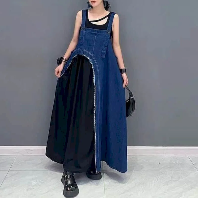 

Женское платье на бретелях, новинка 2025, студенческие джинсовые юбки без рукавов в стиле пэчворк, юбки на бретелях с талией, летние трапециевидные платья длиной до икры