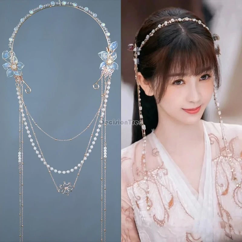 2024 tv stars same style hanfu accessory chinese ancient style exquisite versatile pearl hair hoop fairy tassel hanfu headwear