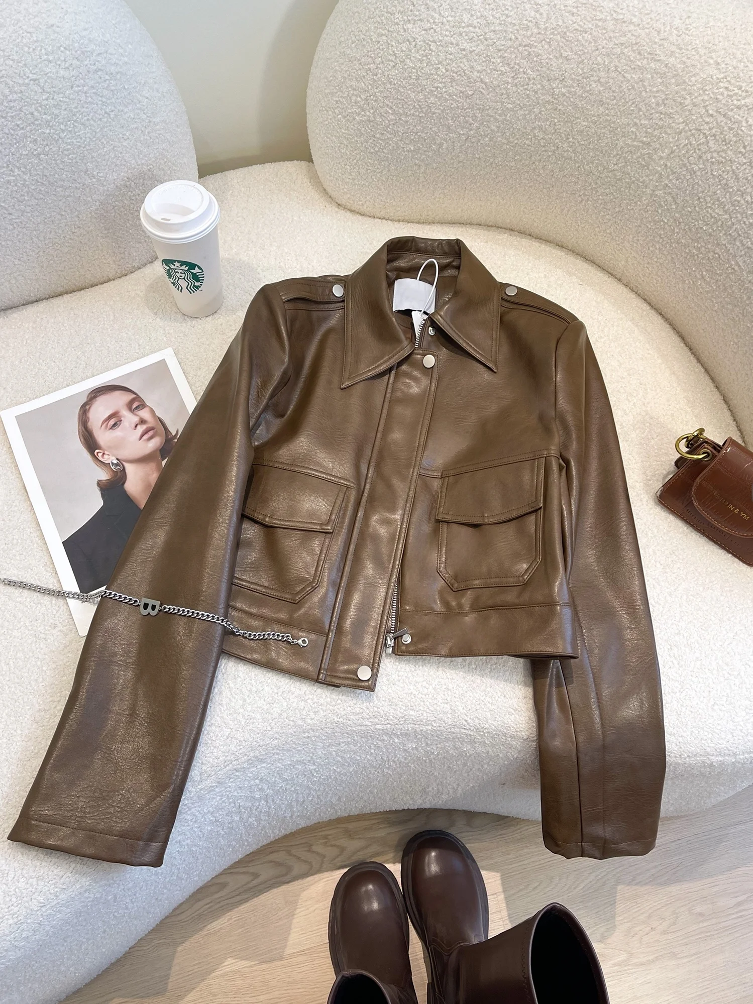 

Burgundy Leather Jacket Women's Short 2026 Spring New American Motorcycle Style High-End Retro PU Leather Top