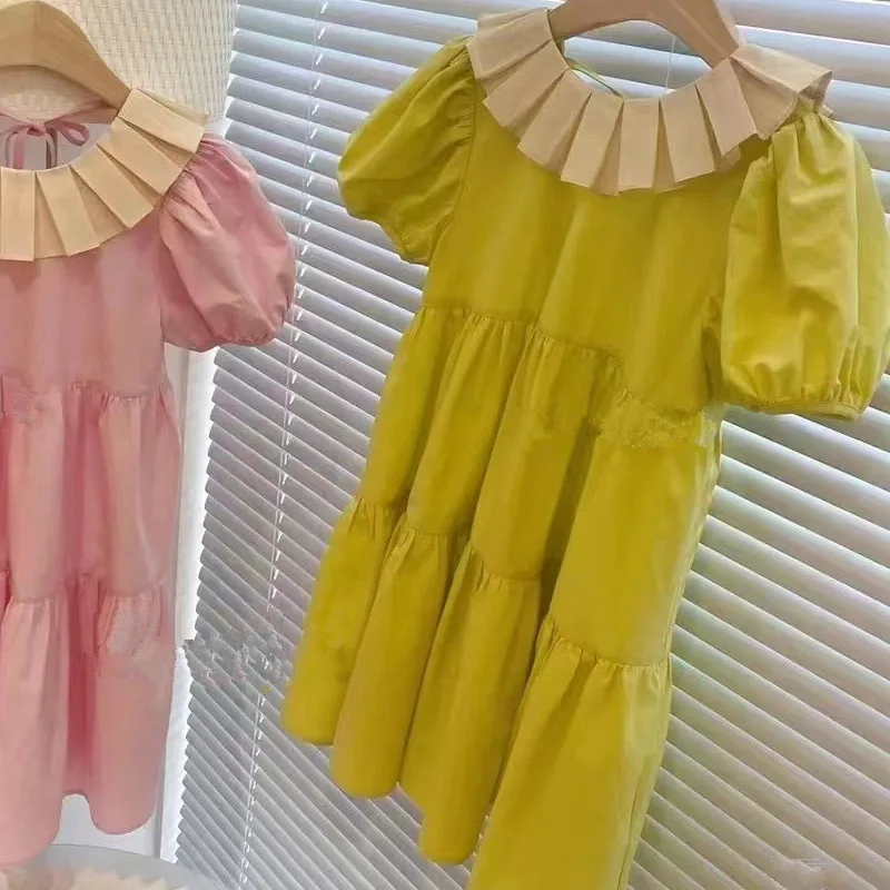 New Girls' Summer Dress Fashionable Folded Doll Neckline Bright and Cute Children's Princess Dress Baby Summer Dress