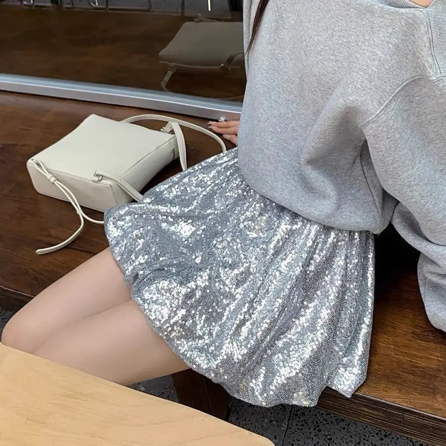 

2024 Fall TikTok Viral Sequin Skirt Nightclub Glitter Pleated Mini Skirt Women's A-Line Party Dress Sexy Streetwear Hot Bottom