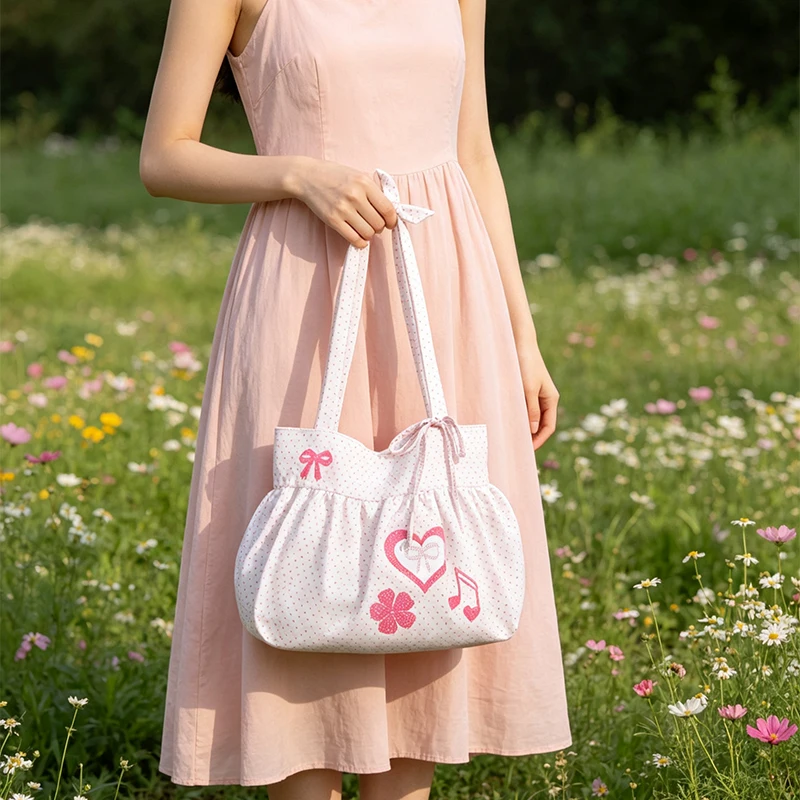 Koreanische Polka Dot Umhängetasche Damen Nylon Einkaufstasche Niedliche Schleife Love Note Bedruckte Einkaufstasche Rock Design Magnetschnalle Achseltasche – Detail 23