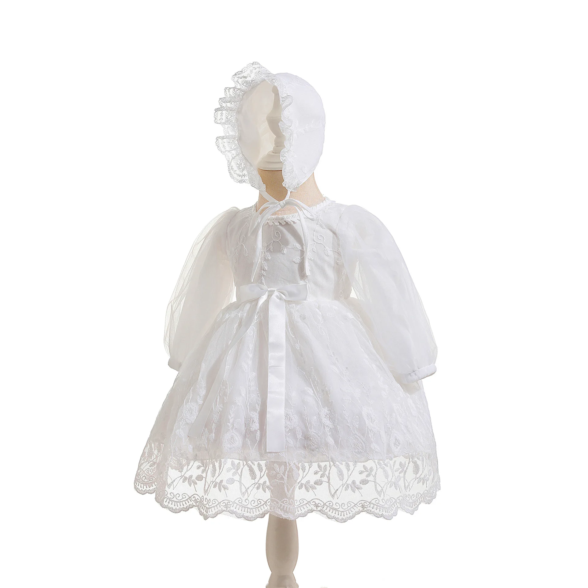 

Кружевная одежда с длинными рукавами для девочек со шляпой, платье для крещения новорожденных от 0 до 24 месяцев, белые платья для маленьких девочек