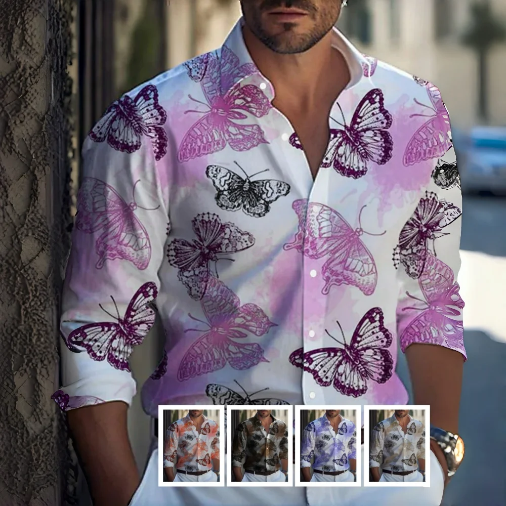 

2025 Новая мужская повседневная рубашка с уличным принтом, модная повседневная рубашка с длинными рукавами и лацканами на весну и осень, топы